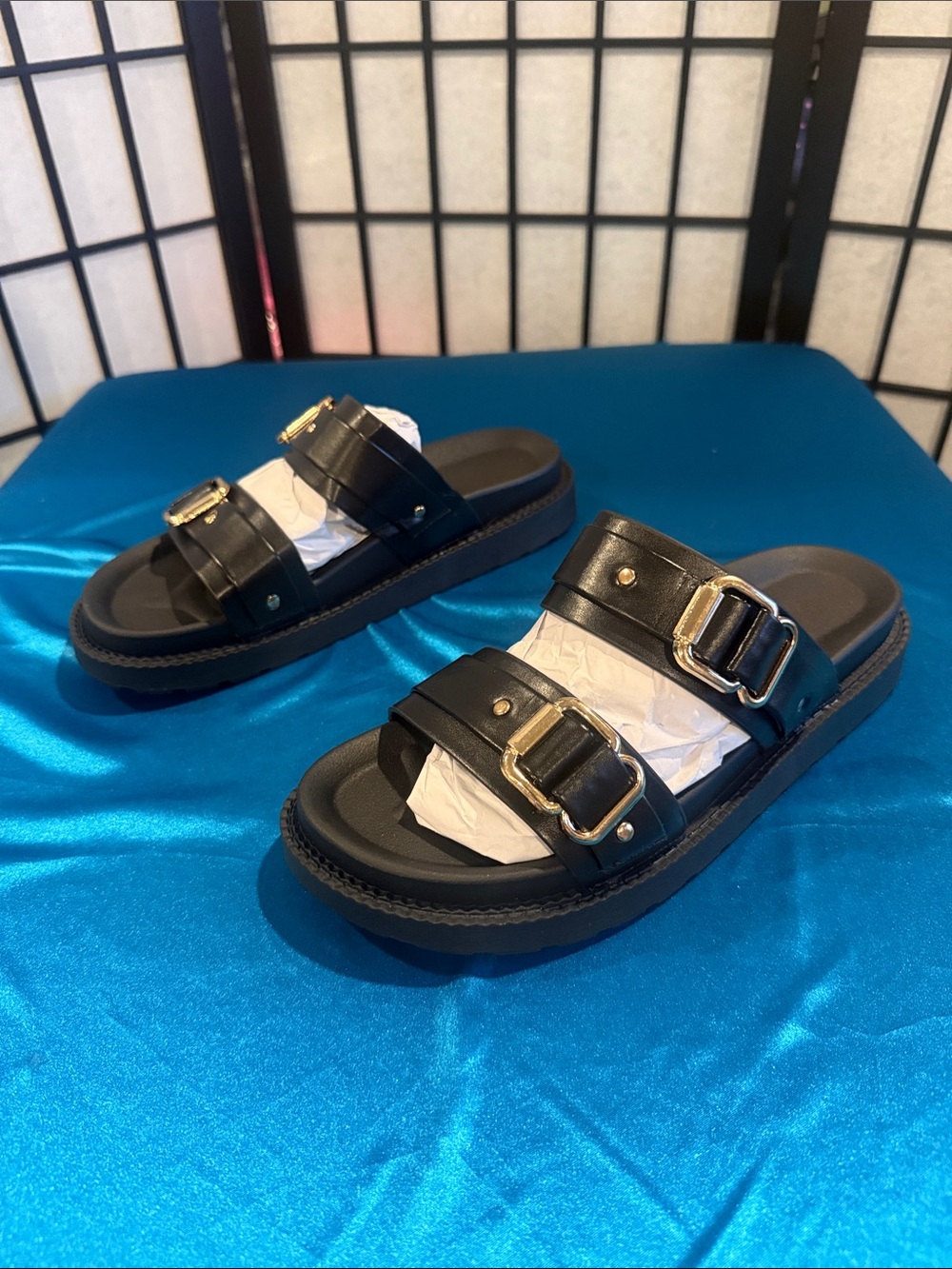 Women’s Black Slide Sandals with Gold Buckle Straps
